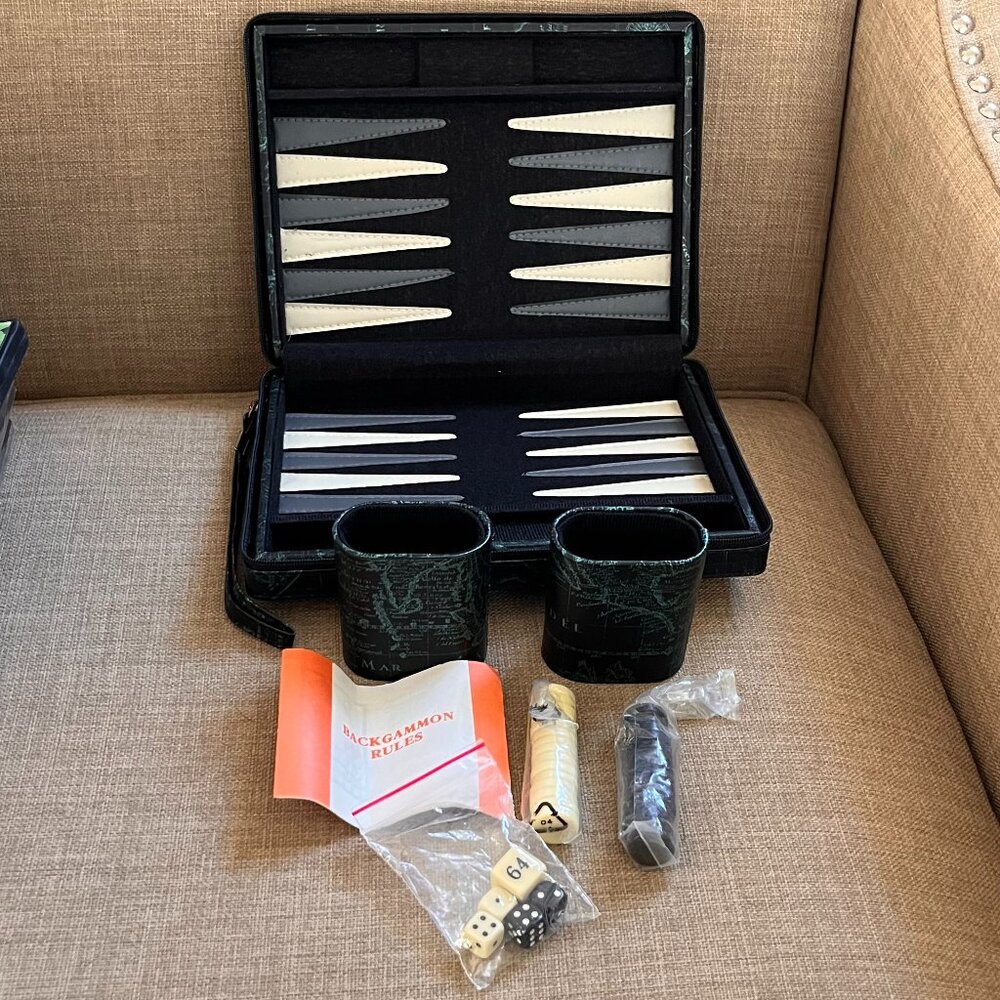 Vintage Backgammon Set In Old World Case Turquoise And Black Travel Size 9"x7"